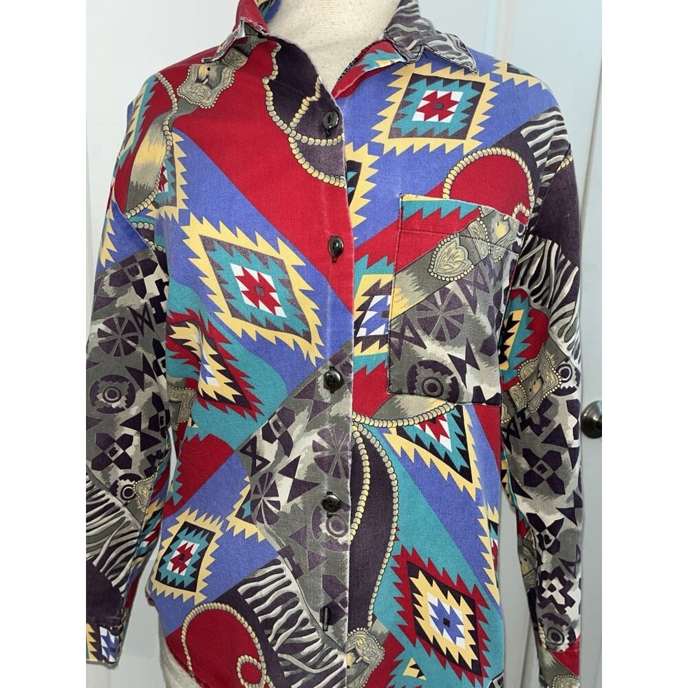 Vtg Western Shirt Southwestern Cowgirl Womens Button Down Aztec 80's Colorful